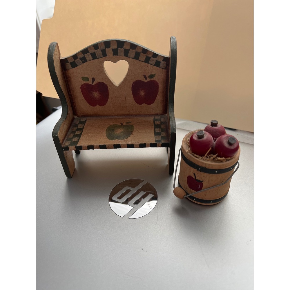 Miniature Wooden Bench and Apple Barrel Set Rustic Country Primitive Decor